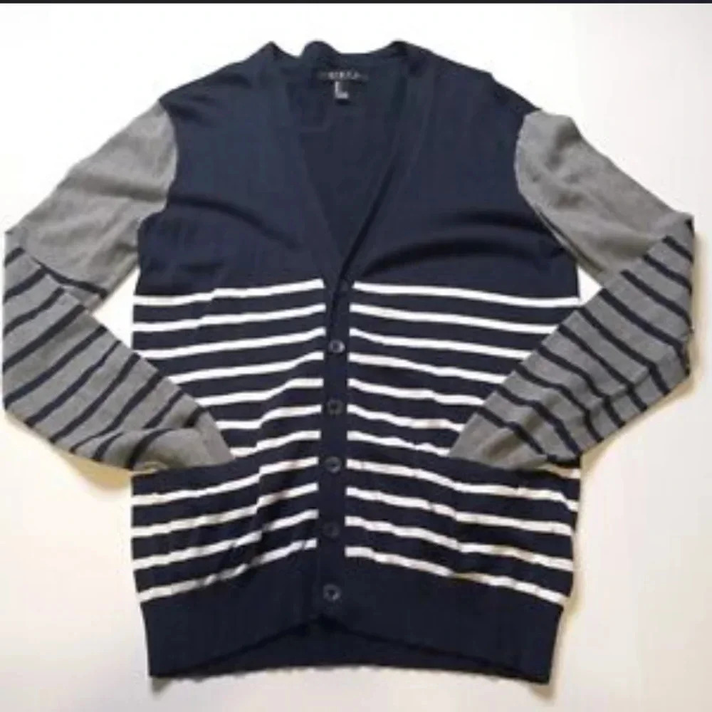 Women’s 21 men Blue/White solid/ Striped blocking button down cardy Size M